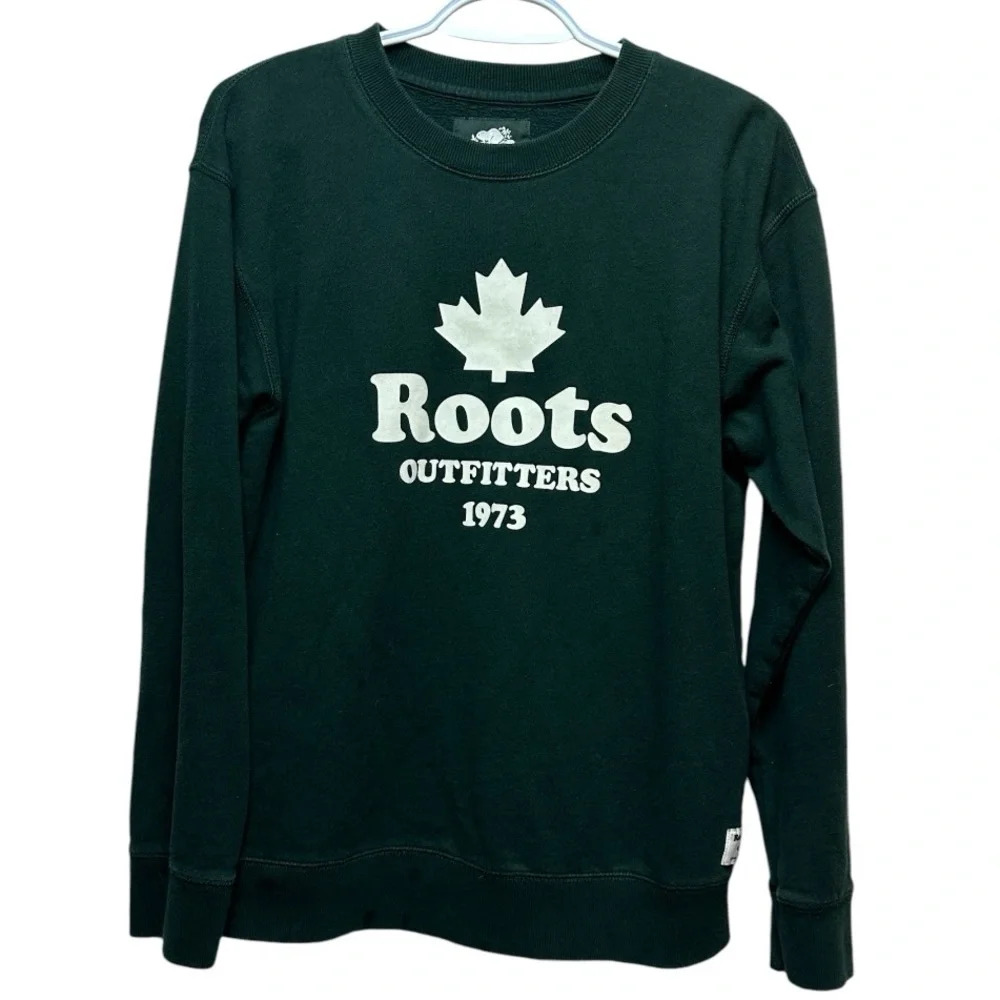 Roots Green Crewneck Sweatshirt XS Women Logo Graphic Pullover Cozy Casual - Picture 2 of 7